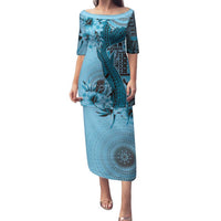 Bula Fiji Family Matching Puletasi and Hawaiian Shirt Shark Tail Turquoise Masi Tapa