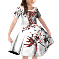 Bula Fiji Family Matching Off Shoulder Short Dress and Hawaiian Shirt Shark Tail White Masi Tapa