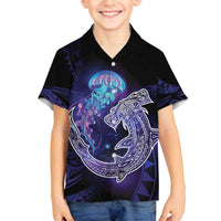 Polynesian Aumakua Family Matching Off The Shoulder Long Sleeve Dress and Hawaiian Shirt Jellyfish with Shark - Polynesian Pride