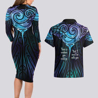 Aotearoa Maori Te Whai Rahi Couples Matching Long Sleeve Bodycon Dress and Hawaiian Shirt Tala - Nowhere You Could Go That I Won't Be With You LT7 - Polynesian Pride