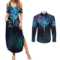 Aotearoa Maori Te Whai Rahi Couples Matching Summer Maxi Dress and Long Sleeve Button Shirt Tala - Nowhere You Could Go That I Won't Be With You LT7 Teal Purple - Polynesian Pride