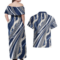 Polynesian Puakeniken Pikake Twisted Lei Couples Matching Off Shoulder Maxi Dress and Hawaiian Shirt Navy Blue - Polynesian Pride