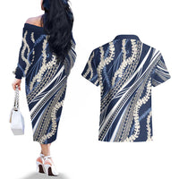 Polynesian Puakeniken Pikake Twisted Lei Couples Matching Off The Shoulder Long Sleeve Dress and Hawaiian Shirt Navy Blue - Polynesian Pride