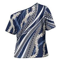 Polynesian Puakeniken Pikake Twisted Lei Cross Shoulder Shirt Navy Blue - Polynesian Pride