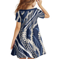 Polynesian Puakeniken Pikake Twisted Lei Family Matching Off The Shoulder Long Sleeve Dress and Hawaiian Shirt Navy Blue LT7 - Polynesian Pride