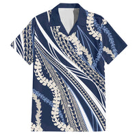 Polynesian Puakeniken Pikake Twisted Lei Family Matching Off The Shoulder Long Sleeve Dress and Hawaiian Shirt Navy Blue LT7 Dad's Shirt - Short Sleeve Navy Blue - Polynesian Pride