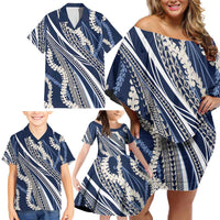 Polynesian Puakeniken Pikake Twisted Lei Family Matching Off Shoulder Short Dress and Hawaiian Shirt Navy Blue LT7 - Polynesian Pride