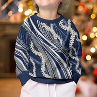 Polynesian Puakeniken Pikake Twisted Lei Kid Ugly Christmas Sweater Navy Blue - Polynesian Pride