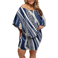 Polynesian Puakeniken Pikake Twisted Lei Off Shoulder Short Dress Navy Blue - Polynesian Pride