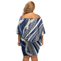 Polynesian Puakeniken Pikake Twisted Lei Off Shoulder Short Dress Navy Blue - Polynesian Pride