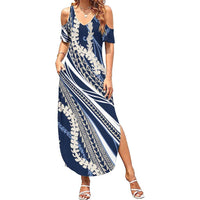 Polynesian Puakeniken Pikake Twisted Lei Summer Maxi Dress Navy Blue - Polynesian Pride