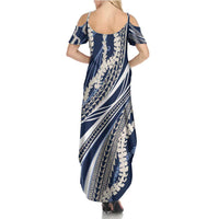 Polynesian Puakeniken Pikake Twisted Lei Summer Maxi Dress Navy Blue - Polynesian Pride