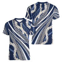 Polynesian Puakeniken Pikake Twisted Lei Women V-Neck T-Shirt Navy Blue - Polynesian Pride