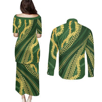 Polynesian Puakeniken Pikake Twisted Lei Couples Matching Puletasi and Long Sleeve Button Shirt Emerald - Polynesian Pride