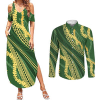 Polynesian Puakeniken Pikake Twisted Lei Couples Matching Summer Maxi Dress and Long Sleeve Button Shirt Emerald - Polynesian Pride