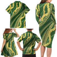 Polynesian Puakeniken Pikake Twisted Lei Family Matching Long Sleeve Bodycon Dress and Hawaiian Shirt Emerald LT7 - Polynesian Pride