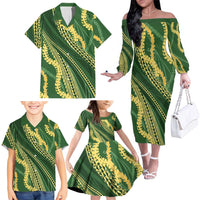 Polynesian Puakeniken Pikake Twisted Lei Family Matching Off The Shoulder Long Sleeve Dress and Hawaiian Shirt Emerald LT7 - Polynesian Pride