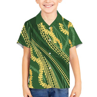 Polynesian Puakeniken Pikake Twisted Lei Family Matching Off The Shoulder Long Sleeve Dress and Hawaiian Shirt Emerald LT7 Son's Shirt Emerald - Polynesian Pride