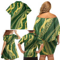 Polynesian Puakeniken Pikake Twisted Lei Family Matching Off Shoulder Short Dress and Hawaiian Shirt Emerald LT7 - Polynesian Pride