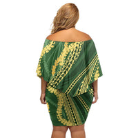 Polynesian Puakeniken Pikake Twisted Lei Family Matching Off Shoulder Short Dress and Hawaiian Shirt Emerald LT7 - Polynesian Pride