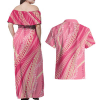 Polynesian Puakeniken Pikake Twisted Lei Couples Matching Off Shoulder Maxi Dress and Hawaiian Shirt Rose Pink - Polynesian Pride