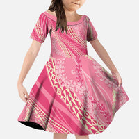 Polynesian Puakeniken Pikake Twisted Lei Family Matching Off The Shoulder Long Sleeve Dress and Hawaiian Shirt Rose Pink LT7 Daughter's Dress Rose Pink - Polynesian Pride