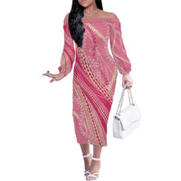 Polynesian Puakeniken Pikake Twisted Lei Family Matching Off The Shoulder Long Sleeve Dress and Hawaiian Shirt Rose Pink LT7 Mom's Dress Rose Pink - Polynesian Pride