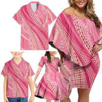 Polynesian Puakeniken Pikake Twisted Lei Family Matching Off Shoulder Short Dress and Hawaiian Shirt Rose Pink LT7 - Polynesian Pride