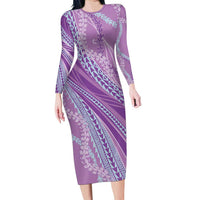 Polynesian Puakeniken Pikake Twisted Lei Long Sleeve Bodycon Dress Amethys - Polynesian Pride
