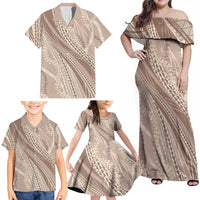 Polynesian Puakeniken Pikake Twisted Lei Family Matching Off Shoulder Maxi Dress and Hawaiian Shirt Beige LT7 - Polynesian Pride