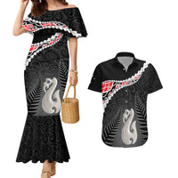 Personalised New Zealand Maori Couples Matching Mermaid Dress and Hawaiian Shirt Manaia Mix Koru LT7 Black - Polynesian Pride