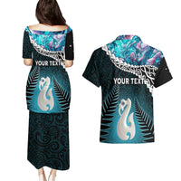 Personalised New Zealand Maori Couples Matching Puletasi and Hawaiian Shirt Manaia Paua Shell Turquoise LT7 - Polynesian Pride