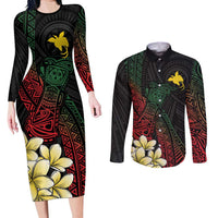 Personalized Papua New Guinea Couples Matching Long Sleeve Bodycon Dress and Long Sleeve Button Shirt Kundu Drum Motifs - Sepik Colors