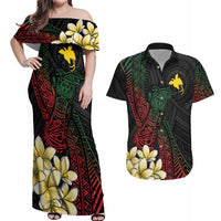 Personalized Papua New Guinea Couples Matching Off Shoulder Maxi Dress and Hawaiian Shirt Kundu Drum Motifs - Sepik Colors