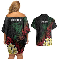 Personalized Papua New Guinea Couples Matching Off Shoulder Short Dress and Hawaiian Shirt Kundu Drum Motifs - Sepik Colors