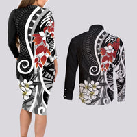Bula Fiji Tagimaucia Mix Plumeria Masi Tapa Couples Matching Long Sleeve Bodycon Dress and Long Sleeve Button Shirt Black LT7 - Polynesian Pride