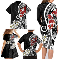 Bula Fiji Tagimaucia Mix Plumeria Masi Tapa Family Matching Long Sleeve Bodycon Dress and Hawaiian Shirt Black LT7 - Polynesian Pride