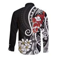 Bula Fiji Tagimaucia Mix Plumeria Masi Tapa Long Sleeve Button Shirt Black LT7 - Polynesian Pride