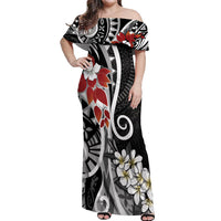 Bula Fiji Tagimaucia Mix Plumeria Masi Tapa Off Shoulder Maxi Dress Black LT7 Women Black - Polynesian Pride
