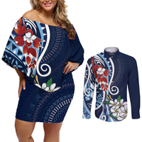 Bula Fiji Tagimaucia Mix Plumeria Masi Tapa Couples Matching Off Shoulder Short Dress and Long Sleeve Button Shirt Blue LT7 Blue - Polynesian Pride
