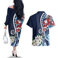 Bula Fiji Tagimaucia Mix Plumeria Masi Tapa Couples Matching Off The Shoulder Long Sleeve Dress and Hawaiian Shirt Blue LT7 - Polynesian Pride