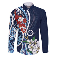 Bula Fiji Tagimaucia Mix Plumeria Masi Tapa Family Matching Long Sleeve Bodycon Dress and Hawaiian Shirt Blue LT7 Dad's Shirt - Long Sleeve Blue - Polynesian Pride