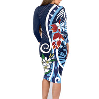 Bula Fiji Tagimaucia Mix Plumeria Masi Tapa Family Matching Long Sleeve Bodycon Dress and Hawaiian Shirt Blue LT7 - Polynesian Pride
