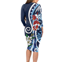 Bula Fiji Tagimaucia Mix Plumeria Masi Tapa Long Sleeve Bodycon Dress Blue LT7 - Polynesian Pride