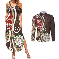 Bula Fiji Tagimaucia Mix Plumeria Masi Tapa Couples Matching Summer Maxi Dress and Long Sleeve Button Shirt Brown LT7 Brown - Polynesian Pride