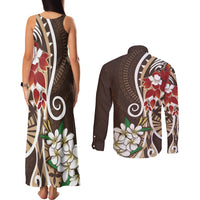Bula Fiji Tagimaucia Mix Plumeria Masi Tapa Couples Matching Tank Maxi Dress and Long Sleeve Button Shirt Brown LT7 - Polynesian Pride