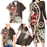 Bula Fiji Tagimaucia Mix Plumeria Masi Tapa Family Matching Long Sleeve Bodycon Dress and Hawaiian Shirt Brown LT7 - Polynesian Pride