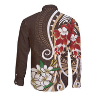 Bula Fiji Tagimaucia Mix Plumeria Masi Tapa Long Sleeve Button Shirt Brown LT7 - Polynesian Pride
