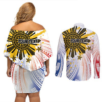 Philippines Independence Day Couples Matching Off Shoulder Short Dress and Long Sleeve Button Shirt Eagle Mix Filipino Flag Tribal Style
