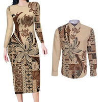 Talofa Samoa Mamanu Siapo Mix Malu Couples Matching Long Sleeve Bodycon Dress and Long Sleeve Button Shirt Classic Beige Frangipani and Turtles
